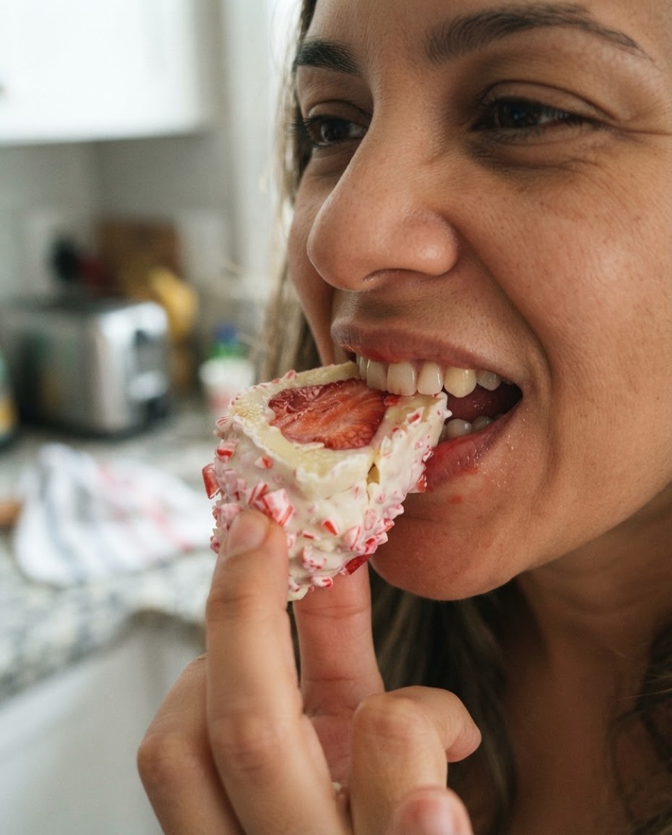 Close de uma pessoa mordendo o morango cravejado, com a casca de chocolate branco quebrando