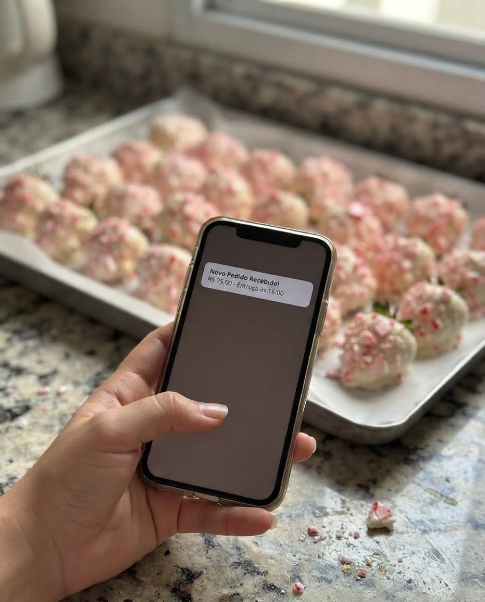 Mão segurando um celular com a notificação de um novo pedido de quarenta e oito reais e cinquenta centavos, com a bandeja de doces ao fundo