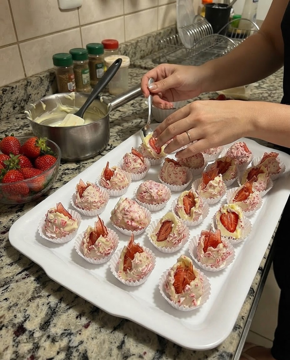 Confeiteira montando uma bandeja com cerca de vinte morangos cravejados em forminhas de papel, numa cozinha de casa