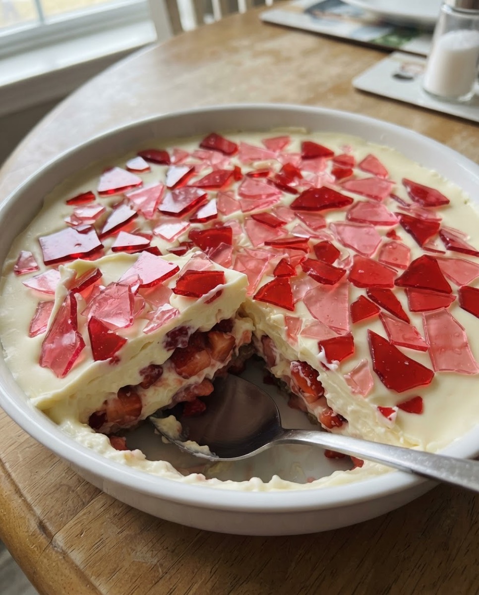 Travessa branca com sobremesa de morango cravejado em camadas, coberta de lascas de caramelo vermelho, com uma porção já servida